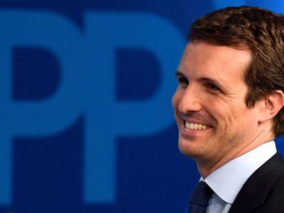 Pablo Casado, líder del Partido Popular. el domingo 28 por la noche, tras conocer los resultados electorales. 