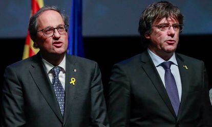 Quim Torra, amb l'expresident Puigdemont, dissabte a Brussel·les.