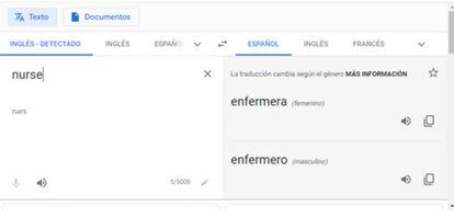 Captura de pantalla de Google Translate que muestra desdoblamiento de género femenino y masculino en la traducción de una palabra.