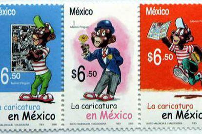 Tres modelos de la serie de sellos postales mexicanos con la caricatura de &#39;Memí Pinguín&#39;.