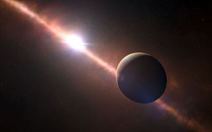 Ilustraci&oacute;n del joven planeta gigante en &oacute;rbita de la estrella Beta Pictoris.
 