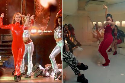 Todo al rojo. El mono de látex que Britney Spears llevaba en Oops! I Did It Again marcó una época. Rosalía también lo apuesta todo a ese color, acompañada de sus bailarinas.