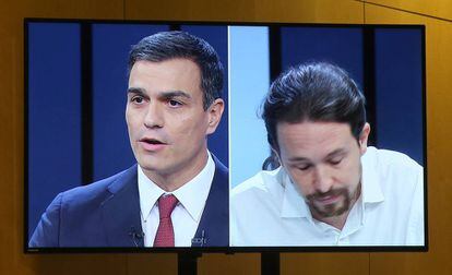 Pedro S&aacute;nchez y Pablo Iglesias en una imagen de televisi&oacute;n del debate del pasado 13 de junio.