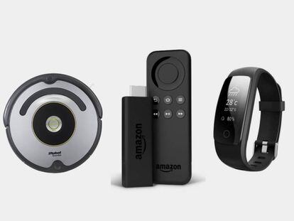 De izquierda a derecha, el robot aspirador iRobot Roomba 615, el dispositivo Fire TV Stick y la pulsera de actividad Willful.