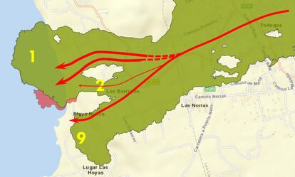 Explanatory graphic about the advance of the lava.  The red arrows represent where the lava is flowing and the shaded red area is the new surface reached by the magma in the last 24 hours.