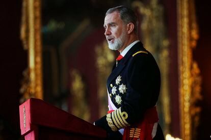 King Felipe VI during his speech at the reception at the Royal Palace, this Saturday at the Royal Palace.