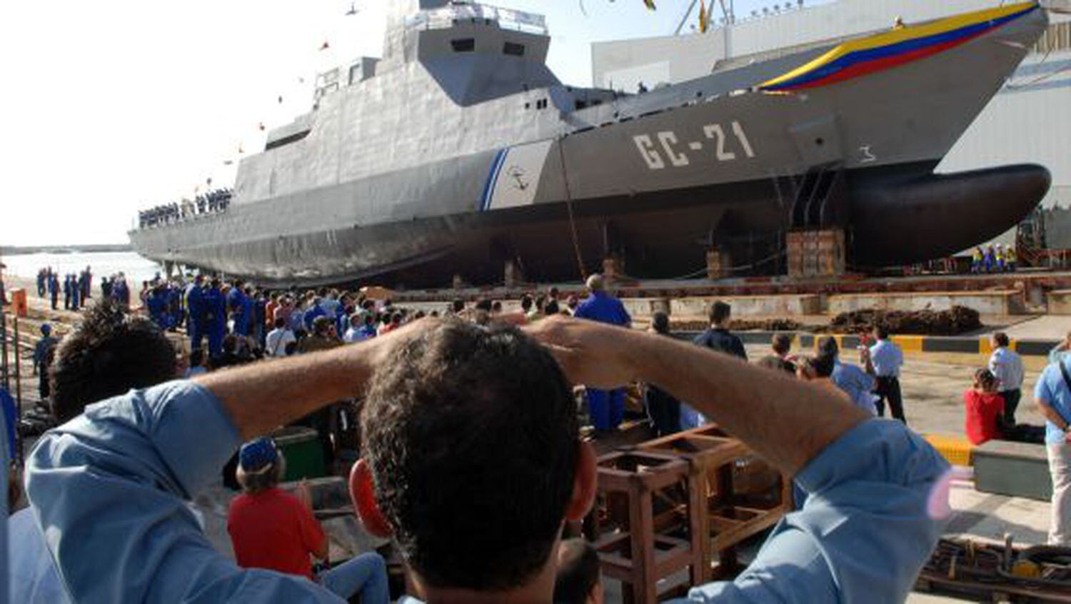 Botadura del buque venezolano de vigilancia del litoral Guaicamacuto en los astilleros de Navantia en San Fernando en 2008.