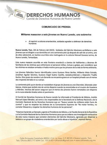 El comunicado del Comité de Derechos Humanos de Nuevo Laredo.