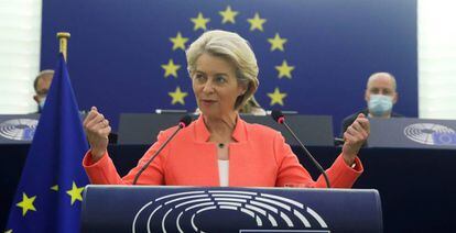 Ursula von der Leyen, presidenta de la Comisión Europea, hoy en el Parlamento Europeo.