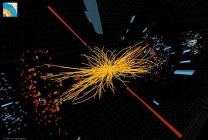 Registro del detector CMS que pudiera ser la firma de la partícula de Higgs. Las líneas amarillas muestran otro tipo de partículas producidas en la colisión.