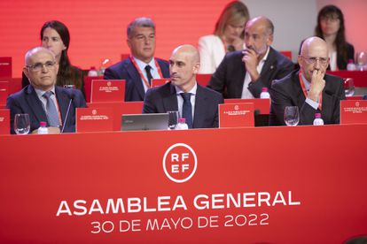 , Luis Rubiales (C), durante la Asamblea General de la RFEF celebrada este lunes en Madrid.