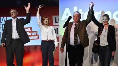 Candidatos de Die Linke (izquierda) y Alternativa por Alemania (derecha) durante la noche electoral.