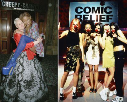 Vivienne Westwood hizo que Naomi se ‘derrumbara’ sobre la pasarela en 1993 sobre unos Super Elevated Ghillie. A la dcha. Emma Bunton y sus icónicas sneakers Buffalo de plataforma junto al resto de las Spice Girls. FOTO: GETTY IMAGES