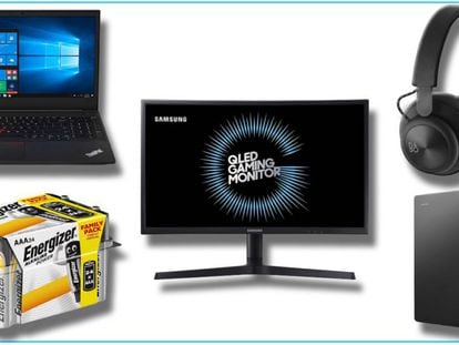 De izquierda a derecha: portátil Lenovo, pack de 24 pilas Energizer, monitor curvo Samsung, auriculares Bang & Olufsen y disco duro Seagate.