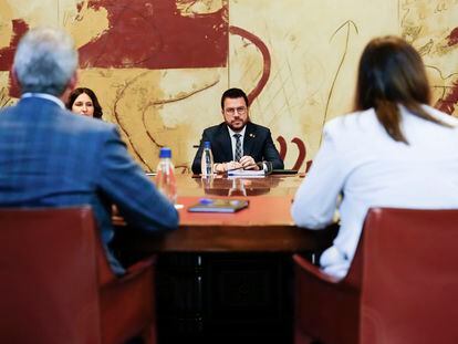 El presidente Pere Aragonès, en un momento de la reunión del Govern el pasado martes en el Palau de la Generalitat,