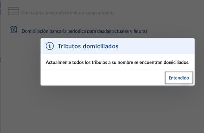 Captura de pantalla del mensaje que aparece en página web para tramitar el pago del IBI por internet cuando el usuario intenta abonarlo por su cuenta.