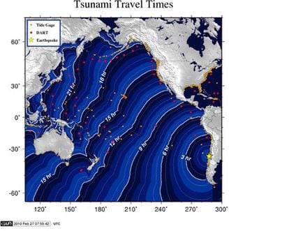 La imagen, ofrecida por el centro de avisos para la Costa Oeste y Alaska del Centro Oceánico y Atmosférico Nacional de EE UU, muestra el movimiento del tsunami generado a partir del terremoto registrado la pasada madrugada en Chile