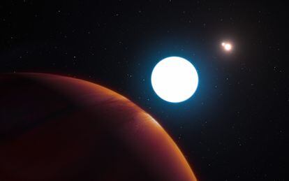 Representación del planeta gaseoso (izquierda) y sus tres estrellas.