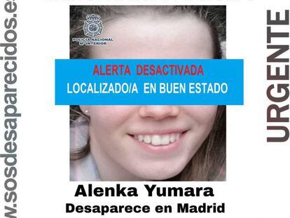 Imagen difundida por Sos Desparecidos tras el hallazgo de Alenka Yumara.