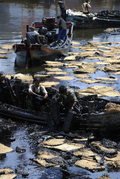 Varios pescadores trabajan con sus barcas para recoger el petróleo derramado en Dalian.