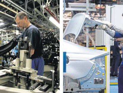A la izquierda, un trabajador de la factoría de Ford en Saarlouis, Alemania. A la derecha, un empleado de la fábrica de Almussafes, Valencia.