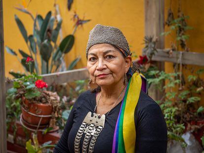 La constituyente chilena Elisa Loncón, en el patio de su casa de la comuna de Peñalolén, Santiago, el 1 de julio de 2021.