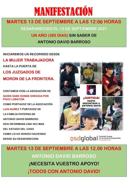 Cartel que anuncia la macha para reclamar la búsqueda de Antonio Davis Barroso en Morón de la Frontera.