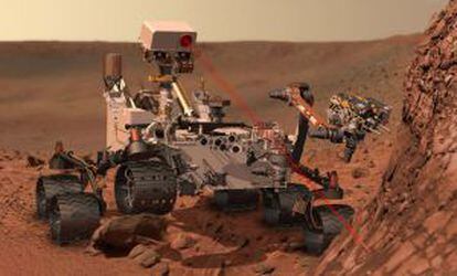 Ilustración del vehículo Curiosity en la superficie de Marte.