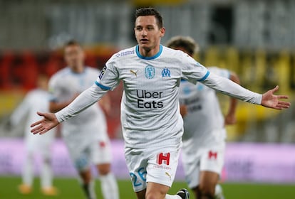 Florian Thauvin celebrates one of his goals with Olympique de Marseille, on February 3.