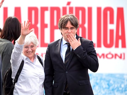 Desde la izquierda, los eurodiputados Toni Comín, Clara Ponsatí y Carles Puigdemont, en una imagen de archivo.