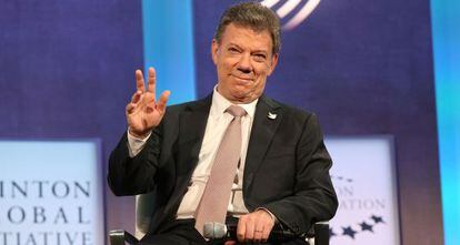 El presidente de Colombia, Juan Manuel Santos, en un encuentro de la Fundación Clinton este lunes en Nueva York.