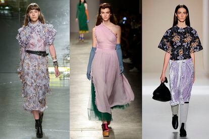 De izquierda a derecha los desfiles de primavera verano 2017 de Rodarte, Rochas y Victoria Beckham con prendas en el mismo tono y diferentes materiales, encaje, gasa y terciopelo de seda.