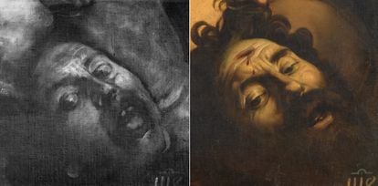 Derecha, radiografía de la cabeza de Goliat del David vencedor de Goliat de Caravaggio. Izquierda, la cara del gigante en el cuadro. Museo del Prado.