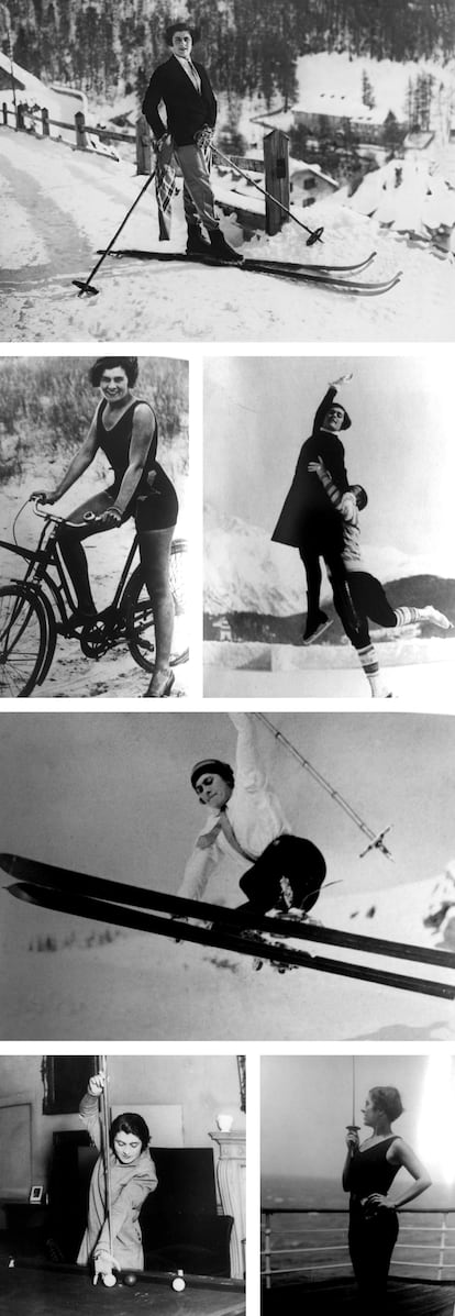 Álvarez, esquiando en Saint Moritz; más abajo, montando en bicicleta y patinando sobre hielo; en una competición de esquí; jugando al billar y posando con un florete en las dos últimas fotografías. / ARCHIVO FAMILIAR y GETTY