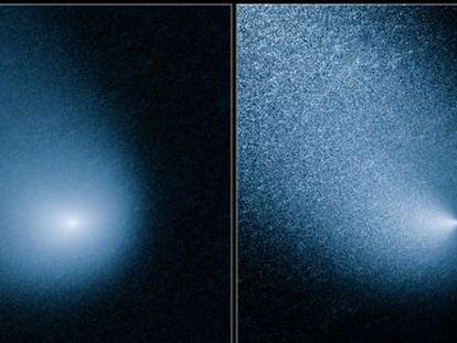 El cometa Siding Spring fotografiado por el telescopio `Hubble&acute; el pasado 11 de marzo: imagen original (izquierda) y tratada (derecha).  