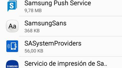 Administrador de aplicaciones de un teléfono Samsung.