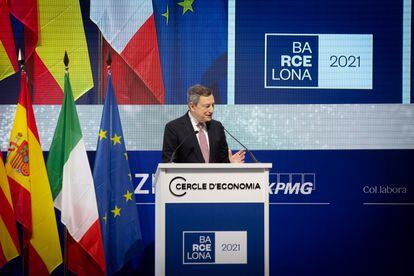 El primer ministro italiano, Mario Draghi, interviene en la clausura de la tercera sesión de la XXXVI Reunión del Cercle d'Economia, a 18 de junio de 2021, en Barcelona, Cataluña, (España).