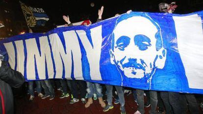 La hinchada del Deportivo reclama justicia para Jimmy, en una protesta en 2019.
