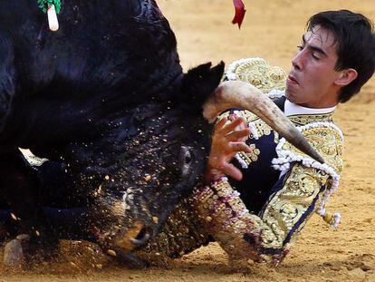 Jiménez Fortes sufre la cogida del tercer toro de la tarde.