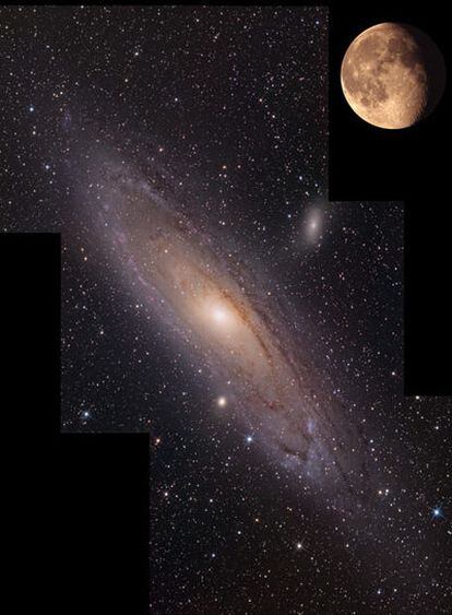 La galaxia de Andrómeda o M31 es la galaxia espiral más cercana a la nuestra, la Vía Láctea. Puede observarse a simple vista sin dificultad desde un lugar sin contaminación lumínica. Su tamaño aparente es grande, como se ve en la imagen en comparación con el tamaño de la Luna.