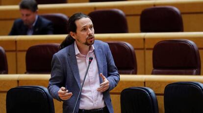 Pablo Iglesias durante la primera sesión de control al Ejecutivo que este martes en el Senado.