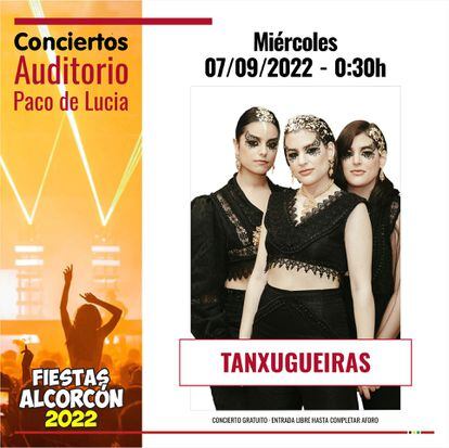 Cartel de la actuación de Tanxugueiras, en las fiestas de Alcorcón.