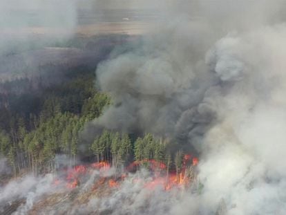 Visa aérea del fuego en el bosque dentro de la zona de exclusión de Chernóbil, el lunes.