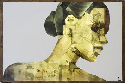 'Analogue Daydream' (2013). Negativos de películas, radiografías y óleo sobre lienzo acrílico en una antigua caja de bombillas de madera. XChange (Robert Fontaine Gallery).
