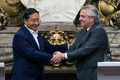 Luis Arce y Alberto Fernández en la Casa Rosada, Argentina