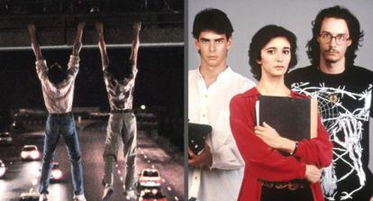 A la izquierda, la famosa escena de Eduardo Noriega y Aitor Merino colgados de un puente en 'Historias del Kronen'. A la derecha, el trío protagonista de 'Tesis': Eduardo Noriega (que hace doblete), Ana Torrent y Fele Martínez.