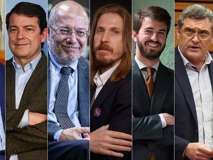 Desde la izquierda, Luis Tudanca (PSOE), Alfonso Fernández Mañueco (PP), Francisco Igea (C's), Pablo Fernández (Unidas Podemos), Juan García-Gallardo (Vox), Luis Mariano Santos (UPL), Pedro Pascual (Por Ávila) y Ángel Ceña (España Vaciada).