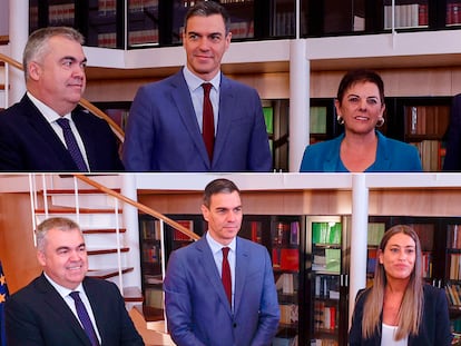 Composición de imágenes de la reunión que han mantenido los socialistas Santos Cerdán y Pedro Sánchez con Mertxe Aizpurua, de Bildu (arriba), y Mìriam Nogueras, de Junts, (abajo).