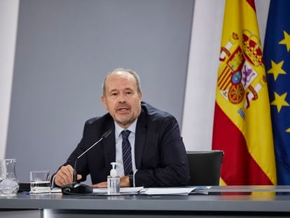 El ministro de Justicia, Juan Carlos Campo, este martes, durante su intervención en la rueda de prensa posterior al Consejo de Ministros.