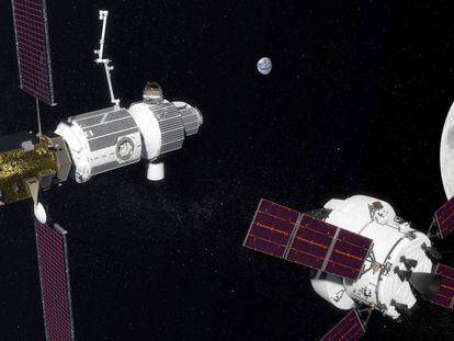 Recreación de la estación orbital lunar Gateway a la izquierda, con una cápsula Orion para transportar astronautas a la derecha.